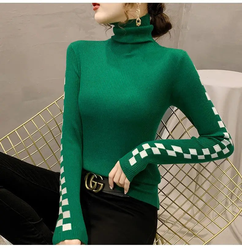 Pile Collar Plaid Bottoming Shirt Female New Autumn Winter Temperament All-match Sweater Interior Lapping Slim Turtleneck Tops