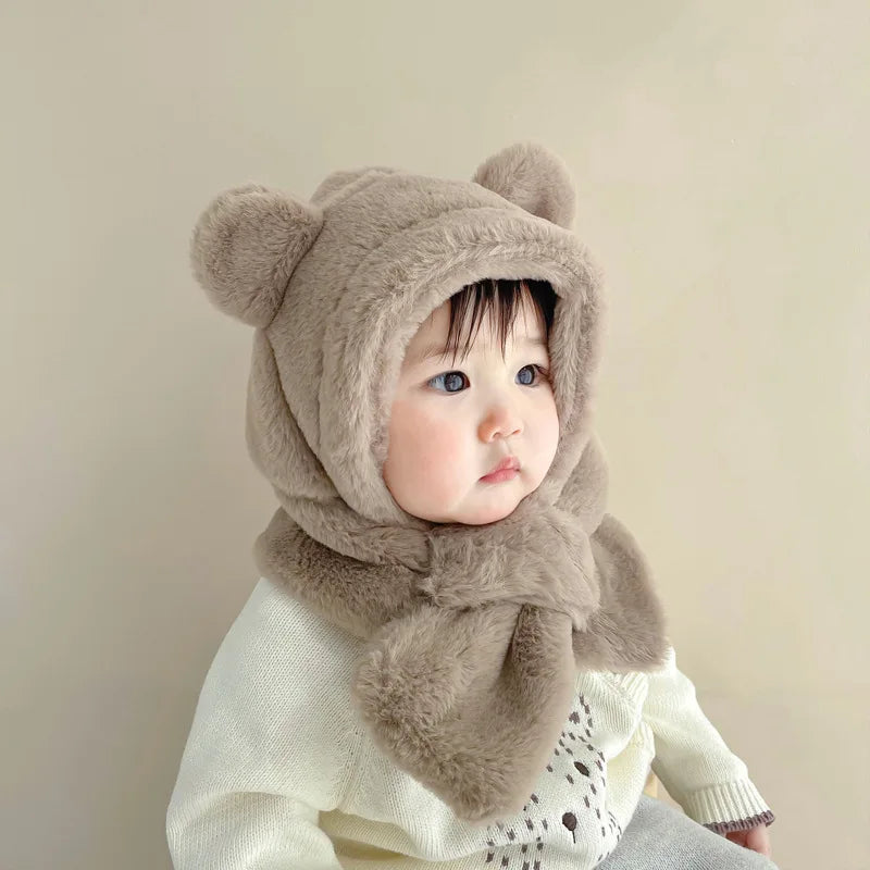 Winter Baby Hat Scarf One-Piece Faux Fur Kids Hats Cartoon Bear Warm Neck Ear Cap for Boys Girls Windproof Beanies Infant Stuffs