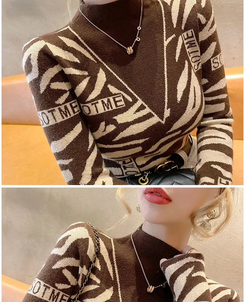 Autumn Office Lady Patchwork Knitting Turtleneck Long Sleeve Pullovers Women Clothes Fashion Letter Slim Top Tee Ladies Sweater