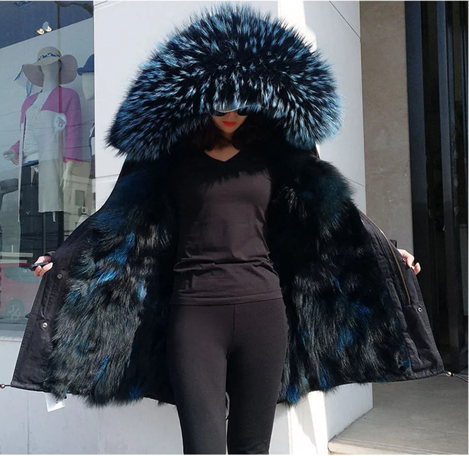 2024 MAOMAOKONG New Real Fur coat Raccoon Collar Detachable Fox fur lining jackets Women's winter Coats parkas Female clothing