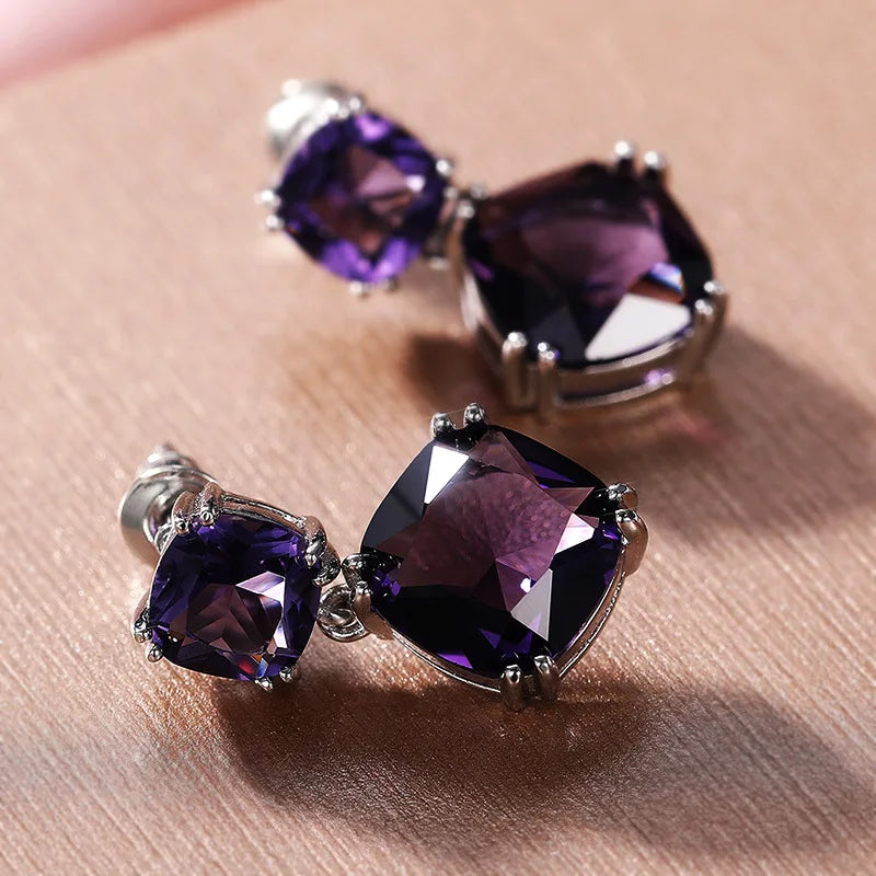 Luxury Square Purple Cubic Zirconia Crystal Earrings  for Women New FashionExquisite Fashion Gold Color Dangle  Wedding Jewelry