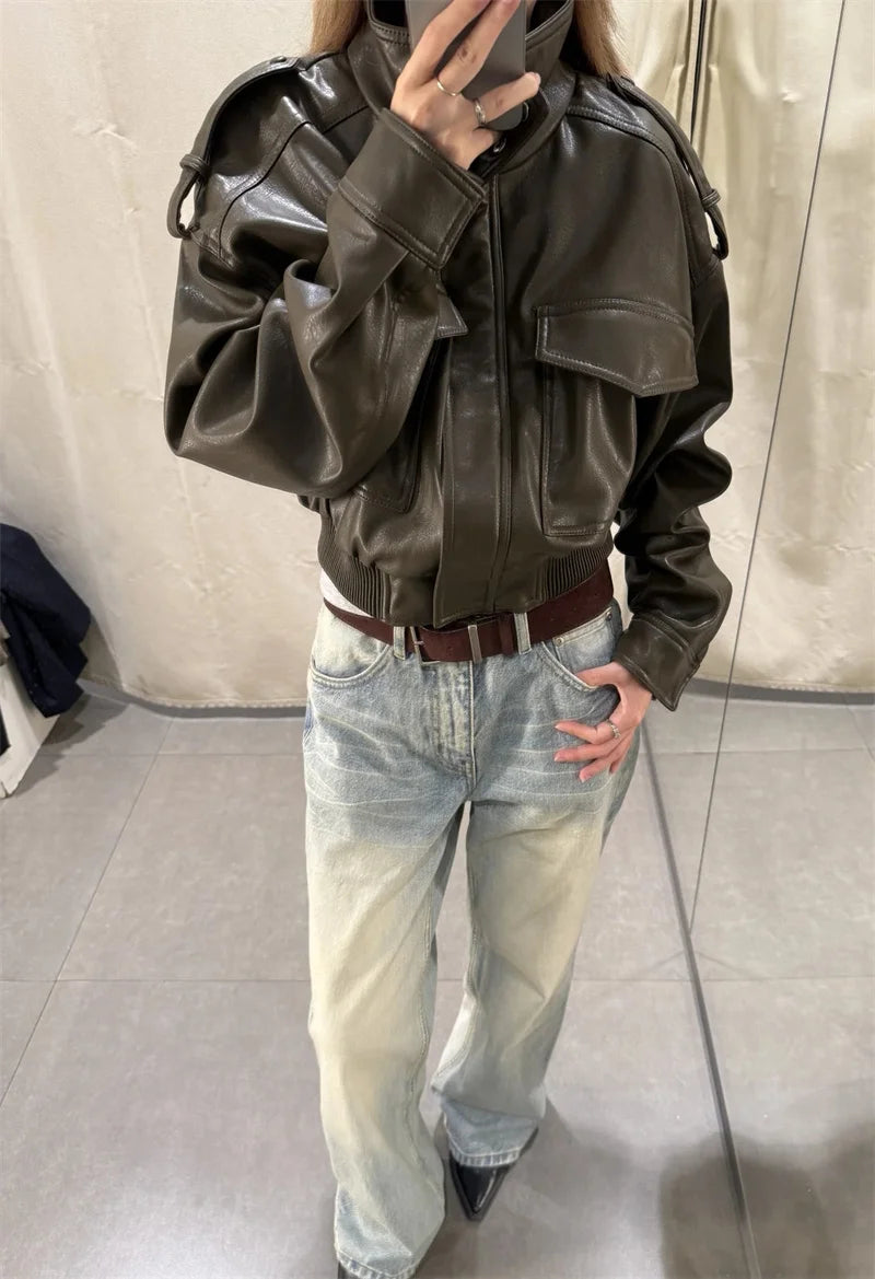 Women's Jacket New Fall 2025 Dark Green Long Sleeve Faux Leather Short Jacket Jacket Biker Style Casual Fashion Personality