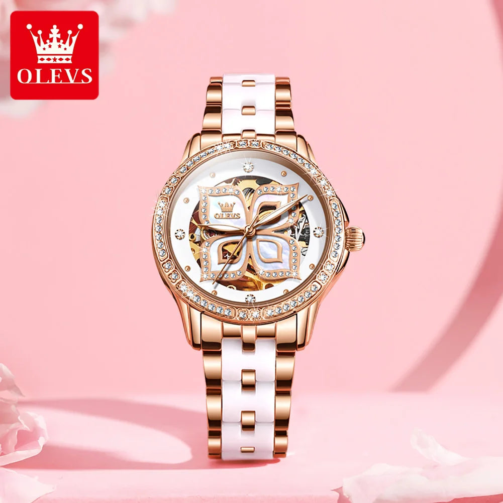 OLEVS 6612 Womens Watch Elegant Fashion Bezel Ceramic Strap Original Mechanical Watch Waterproof Luminous Butterfly Dial Ladies