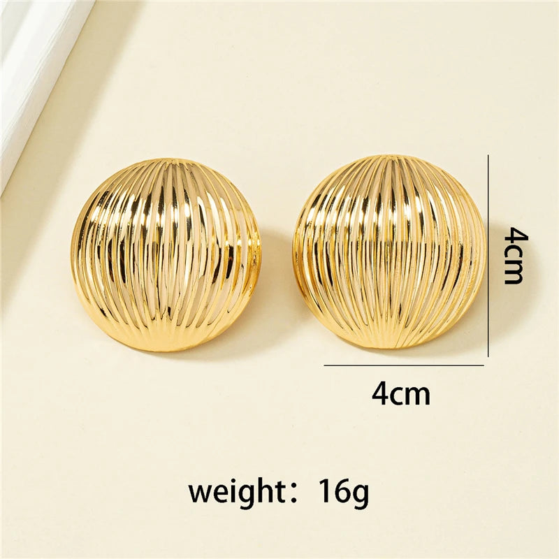 HUANZHI Trendy Punk Style Round Large Earrings for Women Girls Gold Color Metal  Exaggerated Geometric Stripe Party Jewelry