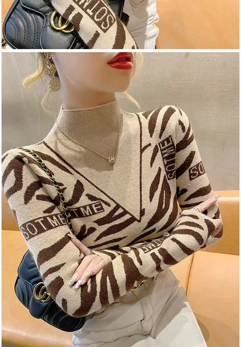 Autumn Office Lady Patchwork Knitting Turtleneck Long Sleeve Pullovers Women Clothes Fashion Letter Slim Top Tee Ladies Sweater