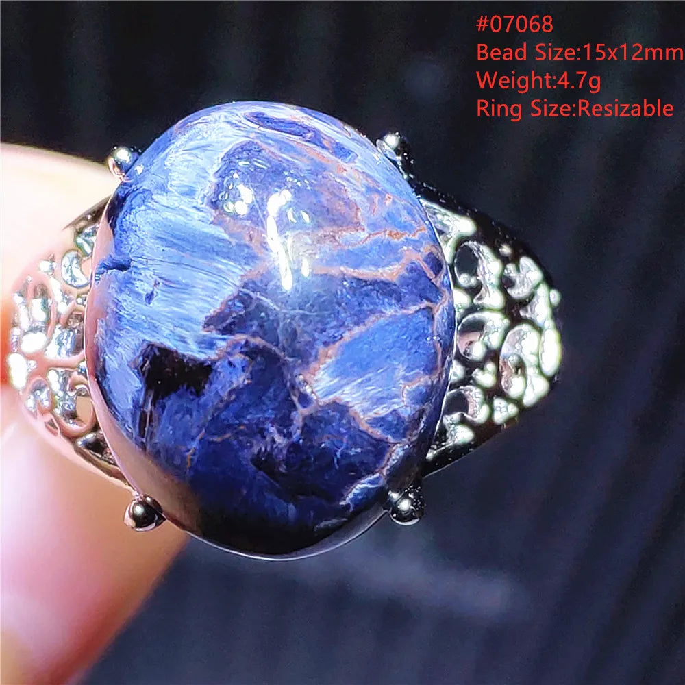 Natural Blue Pietersite Beads Adjustable Ring Woman Men Namibia Pietersite Ring Chatoyant Beads Fashion Silver Jewelry AAAAAA