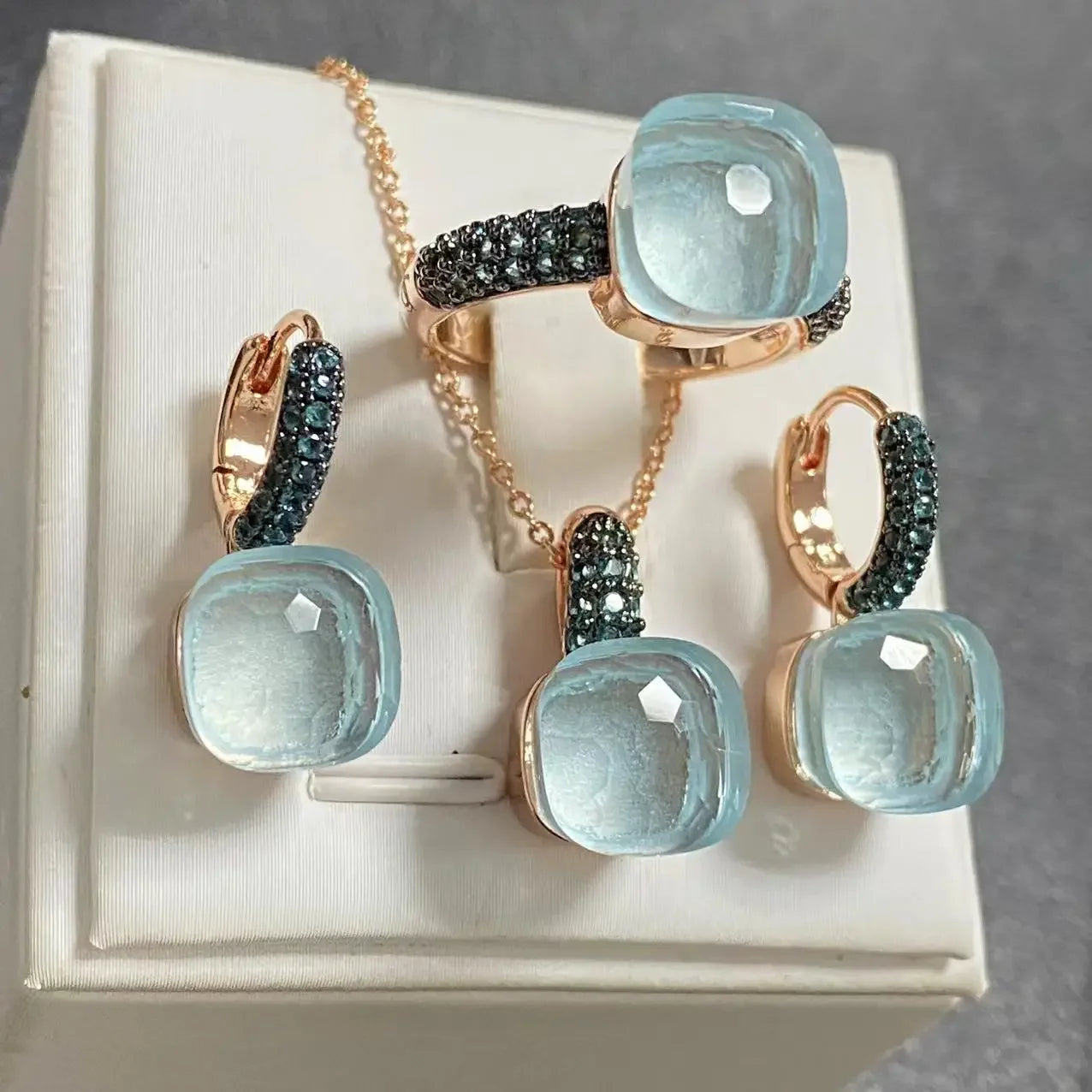 3Pcs Gun Black Plated Blue Zircon Jewelry Set for Women Includes Ring Earrings Necklace Elegant Crystal Blue Topaz Matching Gift