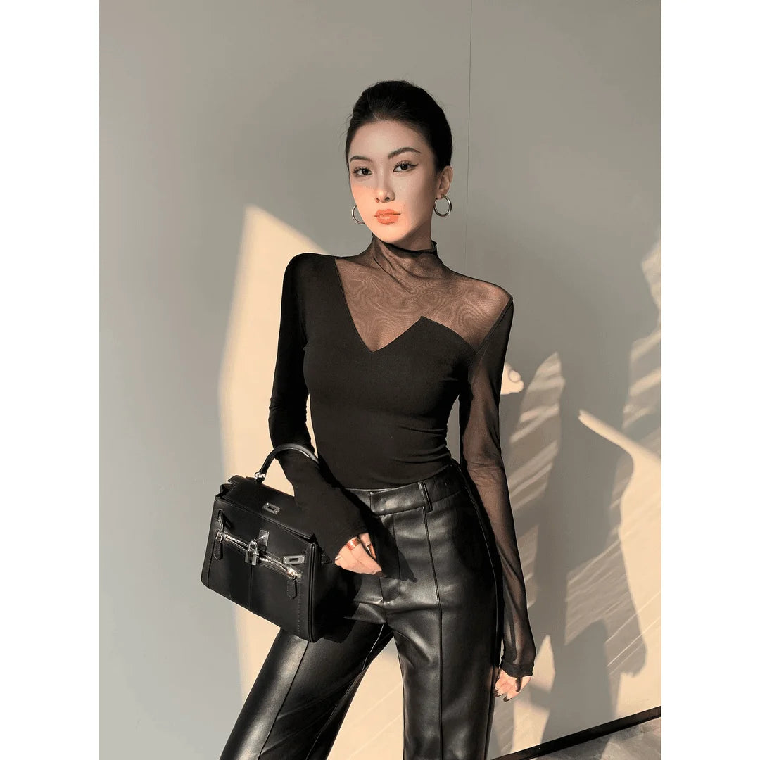 Women Korean Fashion Sexy See Through Mesh Patchwork Basic T-shirt Office Lady Black Elegant Long Sleeve Slim Tops Ropa De Mujer