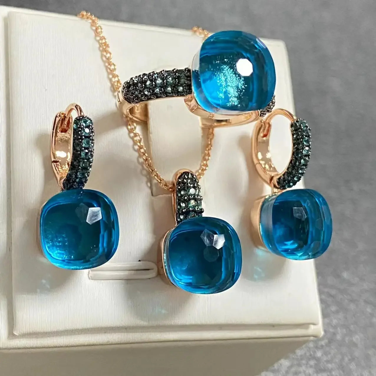 3Pcs Gun Black Plated Blue Zircon Jewelry Set for Women Includes Ring Earrings Necklace Elegant Crystal Blue Topaz Matching Gift