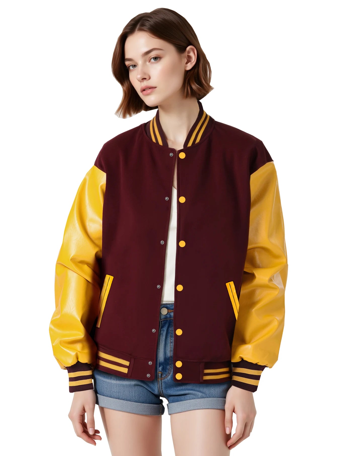 Women's Varsity Jacket with PU Leather Sleeves Fashionable Comfort Design Multiple Colors Available Perfect for Casual Wear