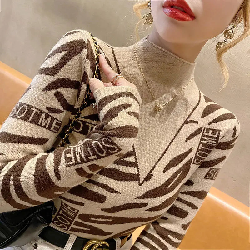 Autumn Office Lady Patchwork Knitting Turtleneck Long Sleeve Pullovers Women Clothes Fashion Letter Slim Top Tee Ladies Sweater
