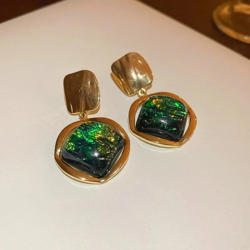 Vintage Green Geometric Rhombus Round Earrings Women Fashion Rhinestone Stud Earrings For Party Wedding Jewelry Accessories