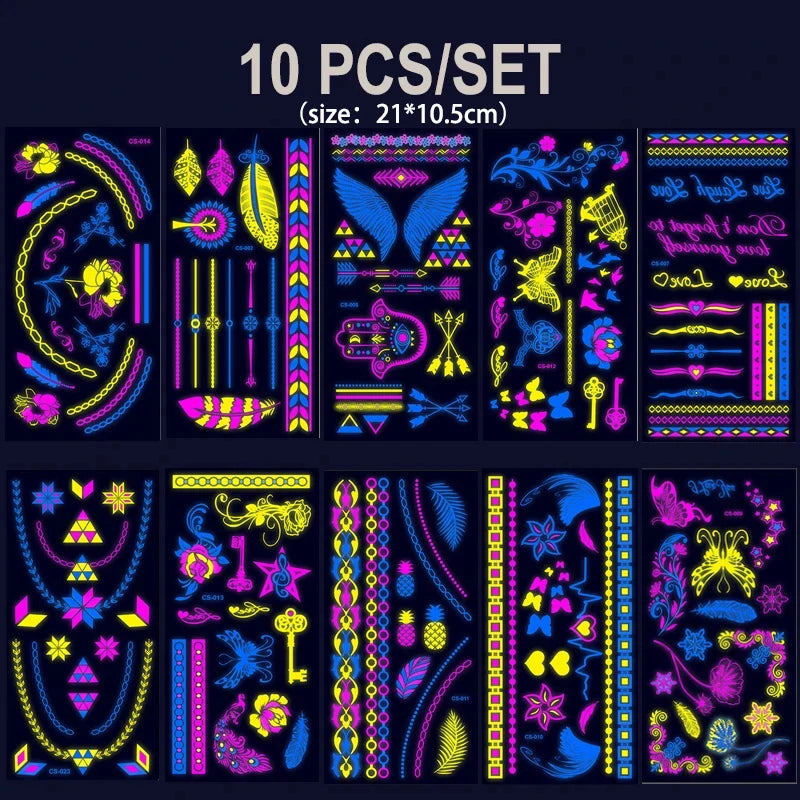 Luminous Temporary Tattoos Stickers Fluorescent Neon In Dark Illuminate Tattoo Elephant/Love Heart Shoulder Tattoo Party Sticker