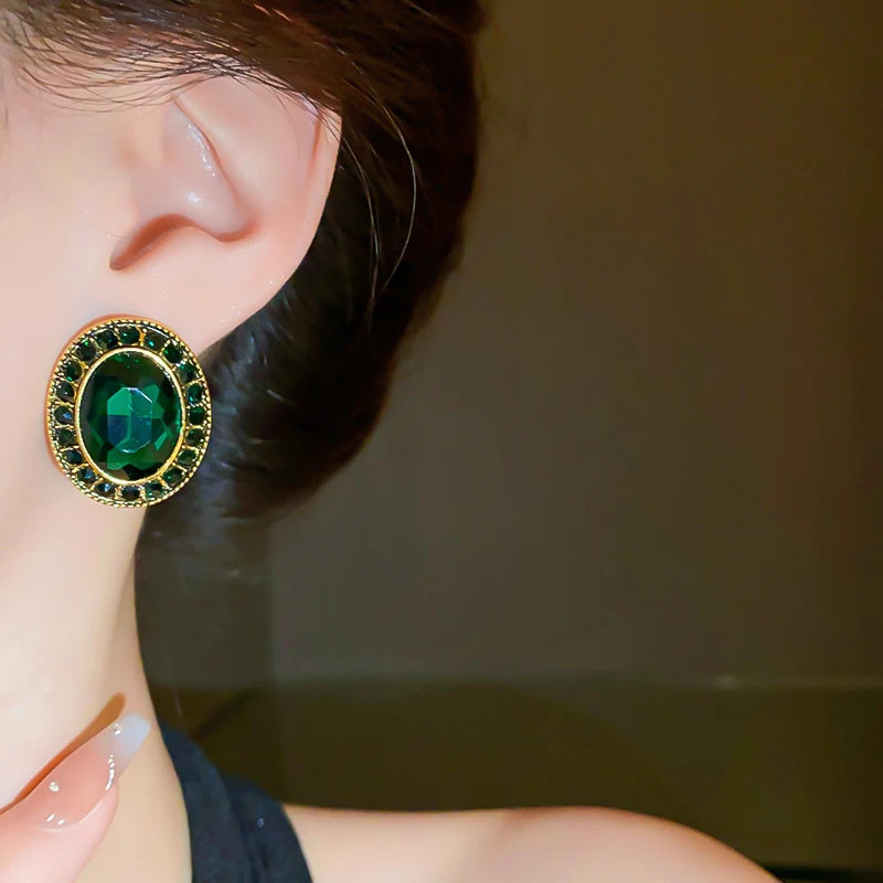 Vintage Green Geometric Rhombus Round Earrings Women Fashion Rhinestone Stud Earrings For Party Wedding Jewelry Accessories