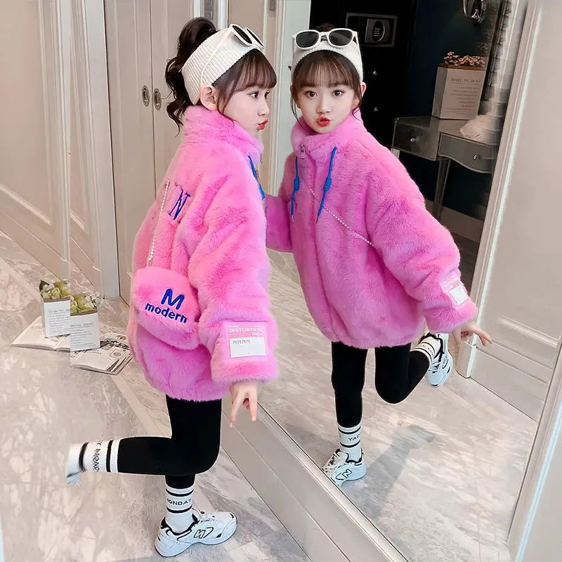 Fake Fur Girls Jacket Winter New Solid Color Letter Print Padded Lining Thick Warm Plush Coats For 5-12Y Kids Fashion Overcoat