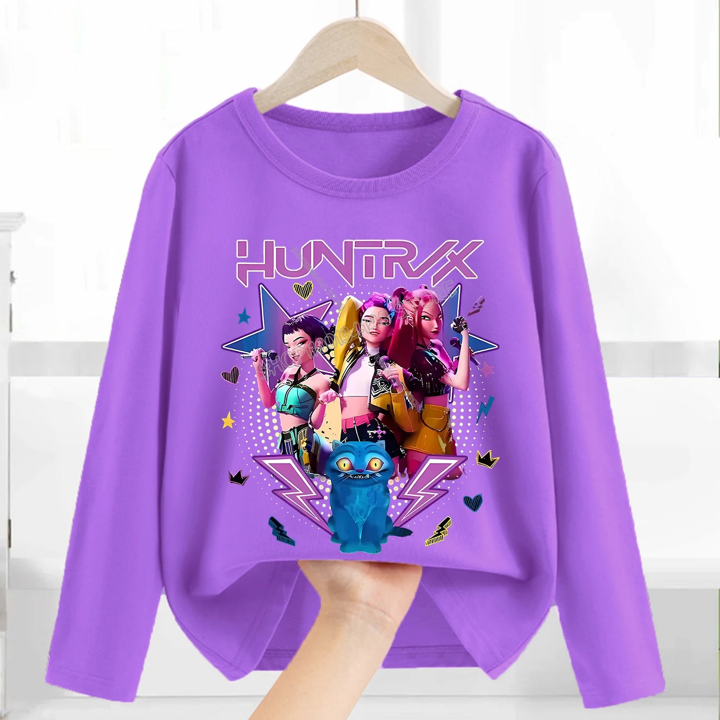 Kpop Demon Hunters Long Sleeve for Children Cartoon A-Z Letter Clothing Kids Purple Caftan Clothes Girl Round Collar Blouse Gift