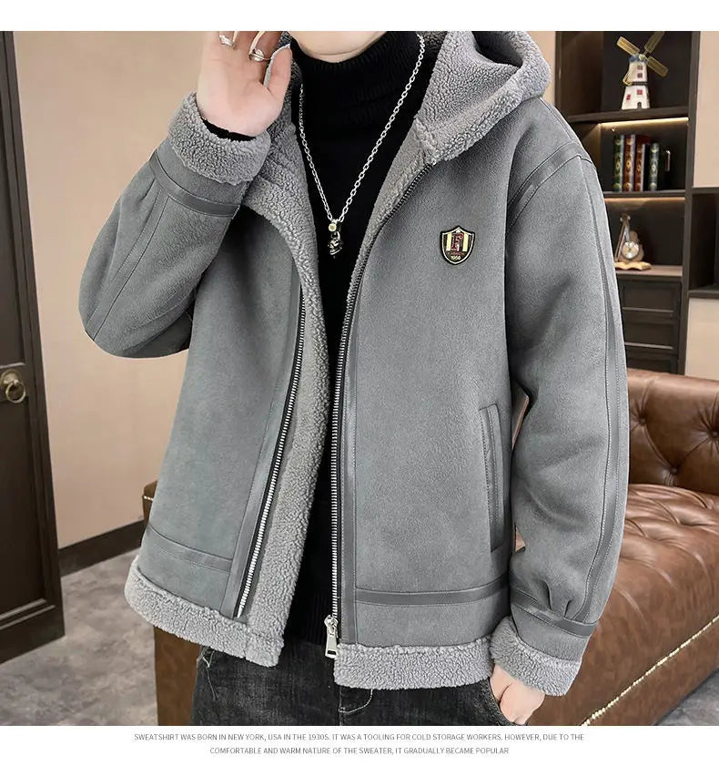 Autumn and winter fur one-piece thickened and fleece jacket for men and teenagers, gold embossed suede thickened warm jacket