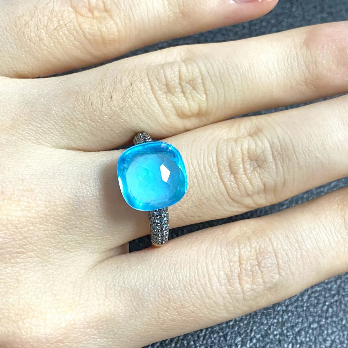 Blue Topaz Ring Inlay Black Zircon With Black Gun Plated 12.6mm Flat Crystal Ring For Women Party Fashion Jewelry Gift