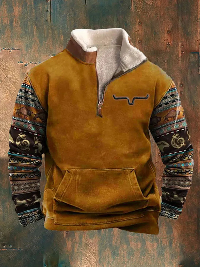 Autumn and winter men's 3D printed outdoor leather Collar hoodie new large size retro style casual zipper jacket sports hoodie