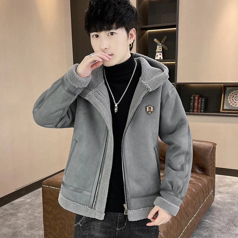 Autumn and winter fur one-piece thickened and fleece jacket for men and teenagers, gold embossed suede thickened warm jacket