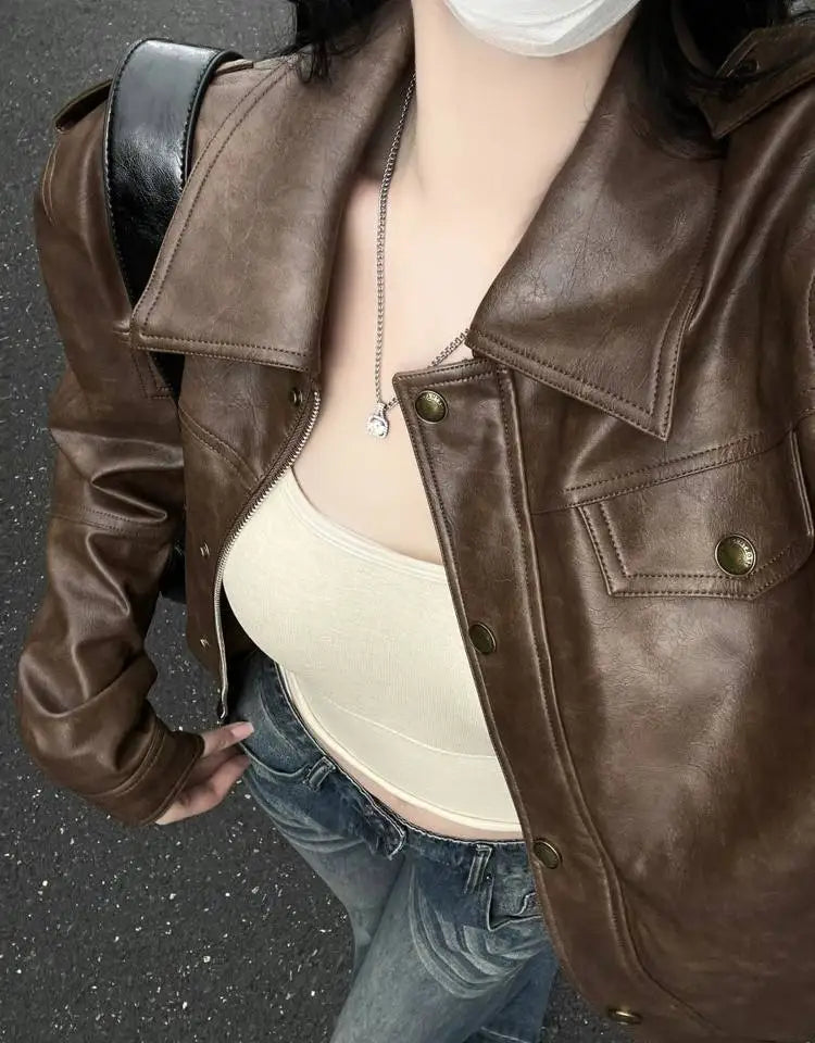 Pu Faux Leather Coat Women Casual Solid Jackets Long Sleeves Turn Down Collar Single Breasted Straight Streetwear 2025 Autumn