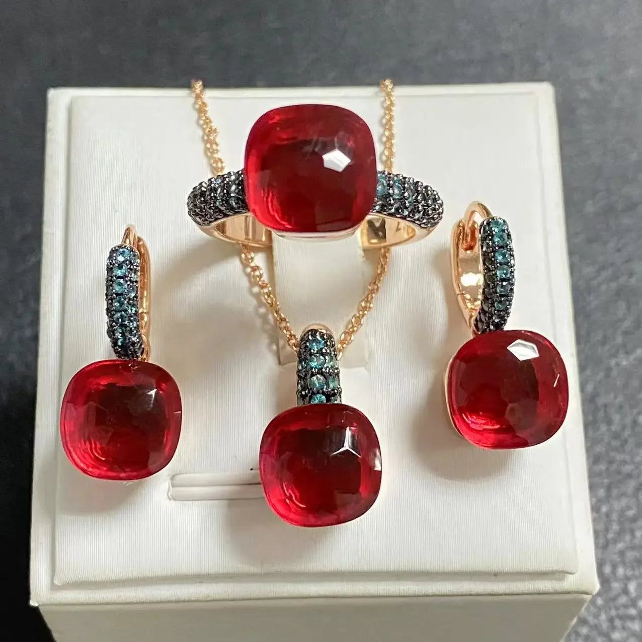 3Pcs Gun Black Plated Blue Zircon Jewelry Set for Women Includes Ring Earrings Necklace Elegant Crystal Blue Topaz Matching Gift