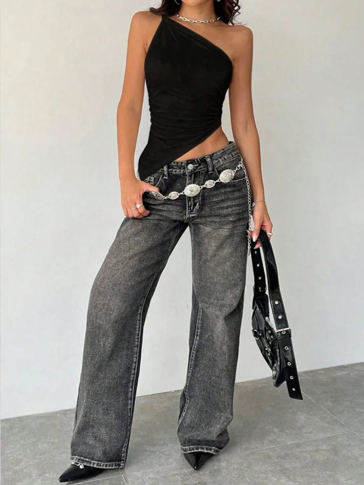 2025 Fashionable Women's Casual T-Shirt Solid Color Single Shoulder Asymmetrical Slim Fit One-Piece Neck Top