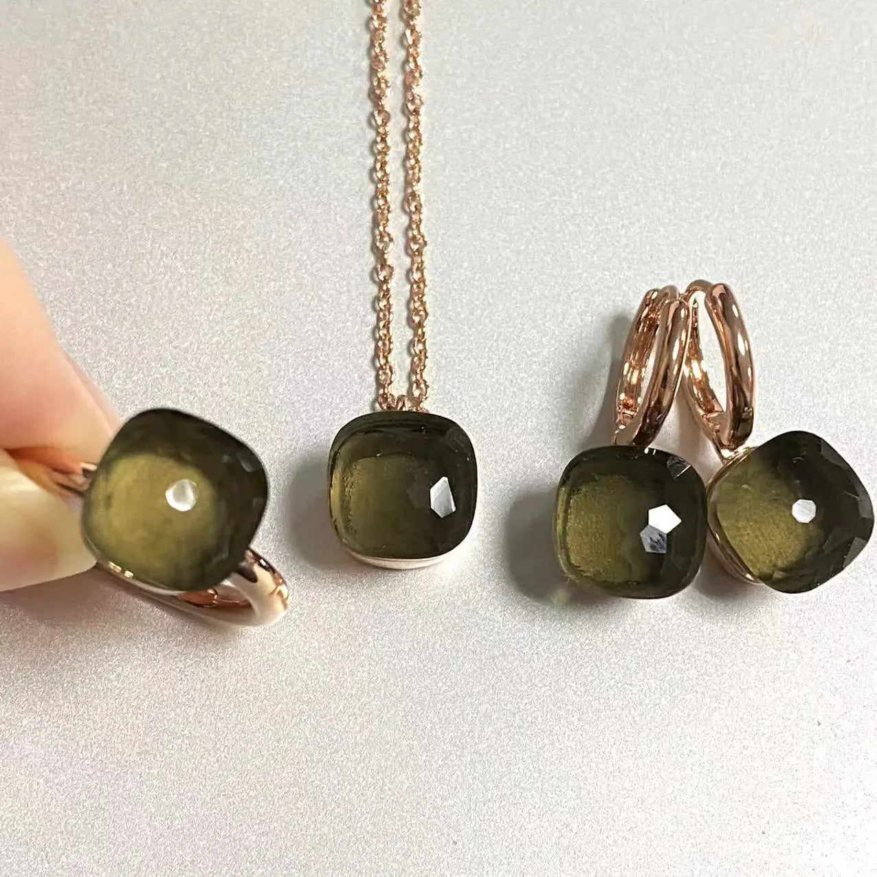 3Pcs/Set Women Ring Earrings Necklace Jewelry Set 34Colors Pink Crystal Jewelry Set Rose Gold Plated Jewelry