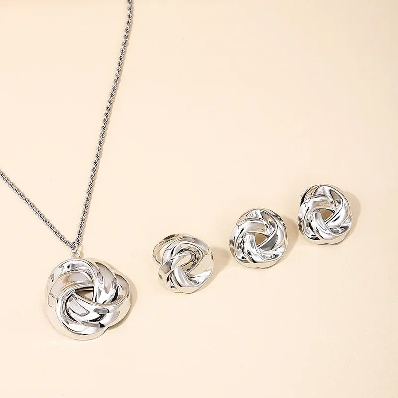 Fashion Jewelry Sets For Women Exaggerated CCB Smooth Twist Necklace Ring Earrings Gift Holiday OL DS003