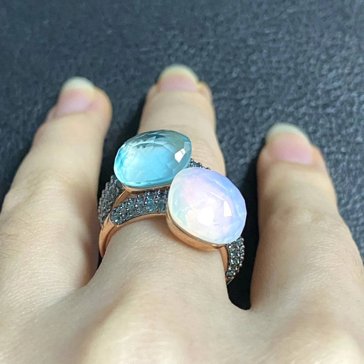 Blue Topaz Ring Inlay Black Zircon With Black Gun Plated 12.6mm Flat Crystal Ring For Women Party Fashion Jewelry Gift