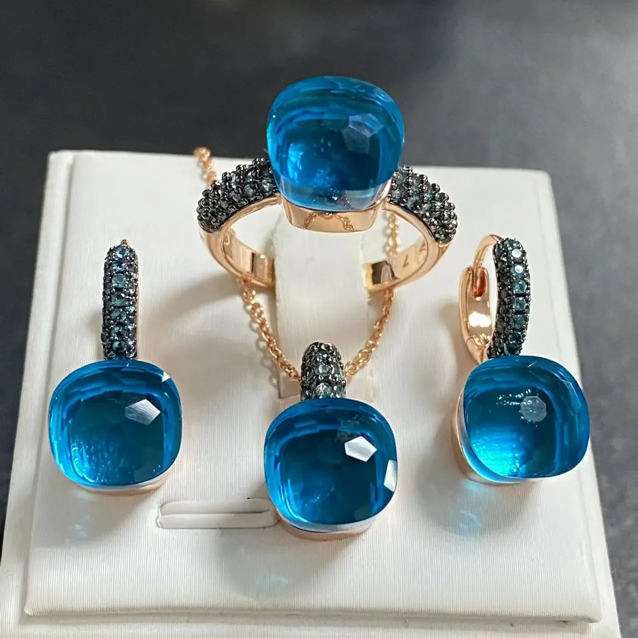 3Pcs Gun Black Plated Blue Zircon Jewelry Set for Women Includes Ring Earrings Necklace Elegant Crystal Blue Topaz Matching Gift