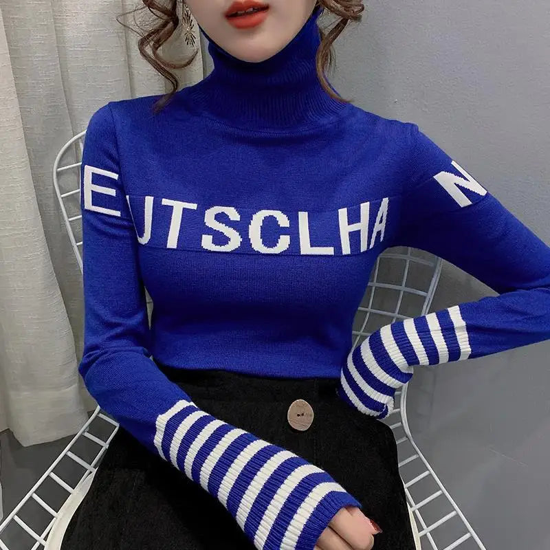 Turtleneck Pullovers Femme Autumn Winter Interior Lapping Fashionable Slim Bottoming Shirt Letter Knitting Sweater Striped Tops