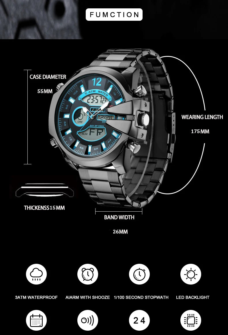 KAT-WACH double display men's watch multi-color steel strip watch led light alarm clock calendar week display