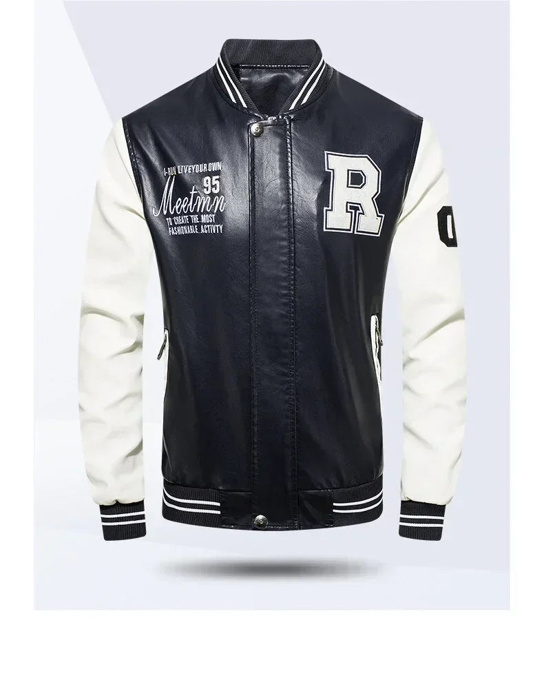 Men's American Leather Baseball Jacket Casual Color Block PU Pilot Coat Spring Autumn Leather Jacket Motorcycle Suit Jackets Men