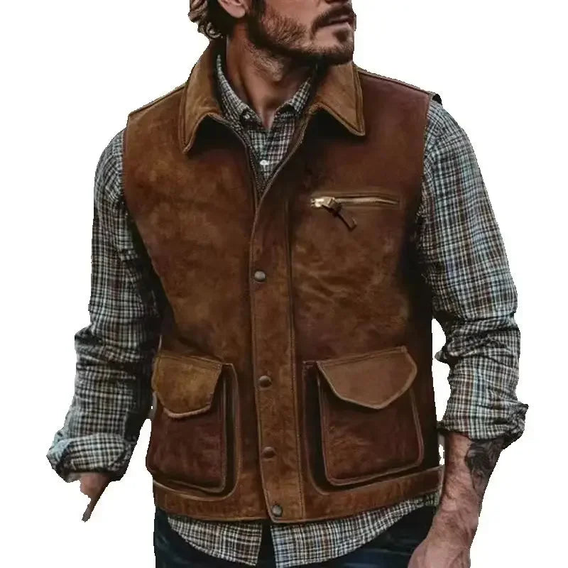 Retro Men's Cardigan Trendy Vest Jacket 2025 New Zipper Pocket Warm Jacket Vest Fashion Blocked Sleeveless Jacket Men Clothing