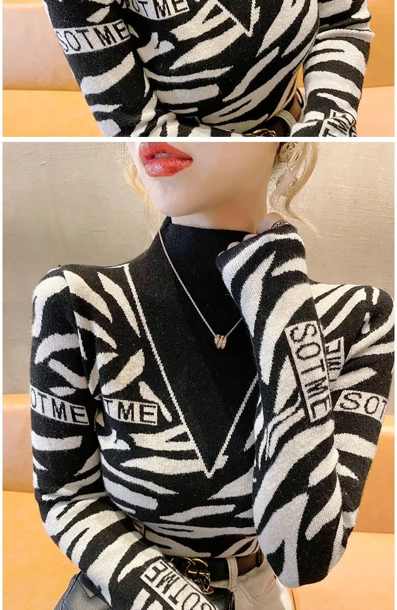 Autumn Office Lady Patchwork Knitting Turtleneck Long Sleeve Pullovers Women Clothes Fashion Letter Slim Top Tee Ladies Sweater