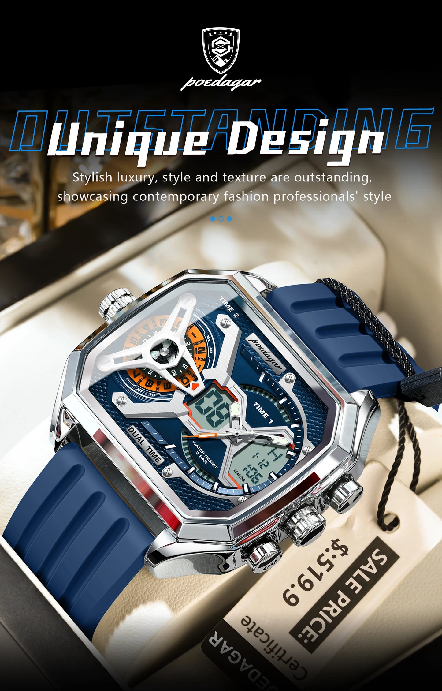 POEDAGAR Top Luxury Men Clock LED Calendar Week Luminous Man Wristwatch Electronic Rectangle Silicone Strap Quartz Men's Watches