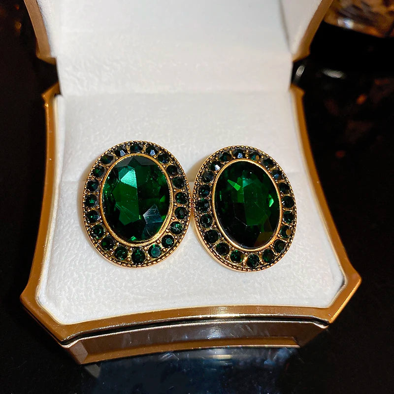 Vintage Green Geometric Rhombus Round Earrings Women Fashion Rhinestone Stud Earrings For Party Wedding Jewelry Accessories