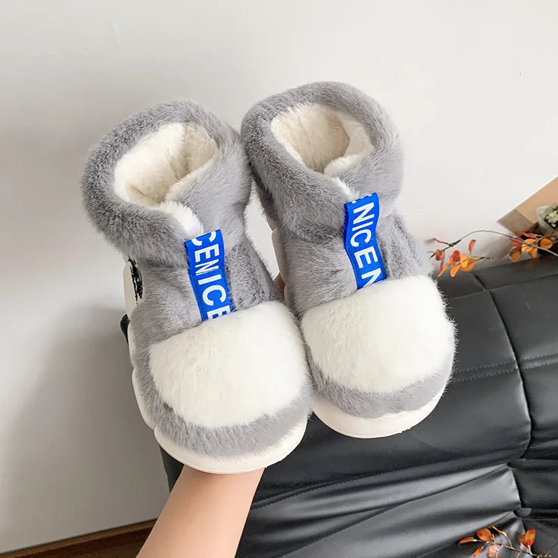 2025 Women's Winter Warm Shoes Plush Lining Indoor Slippers Couples Platform Heel High Top Snow Boots Female Male Home Slipper