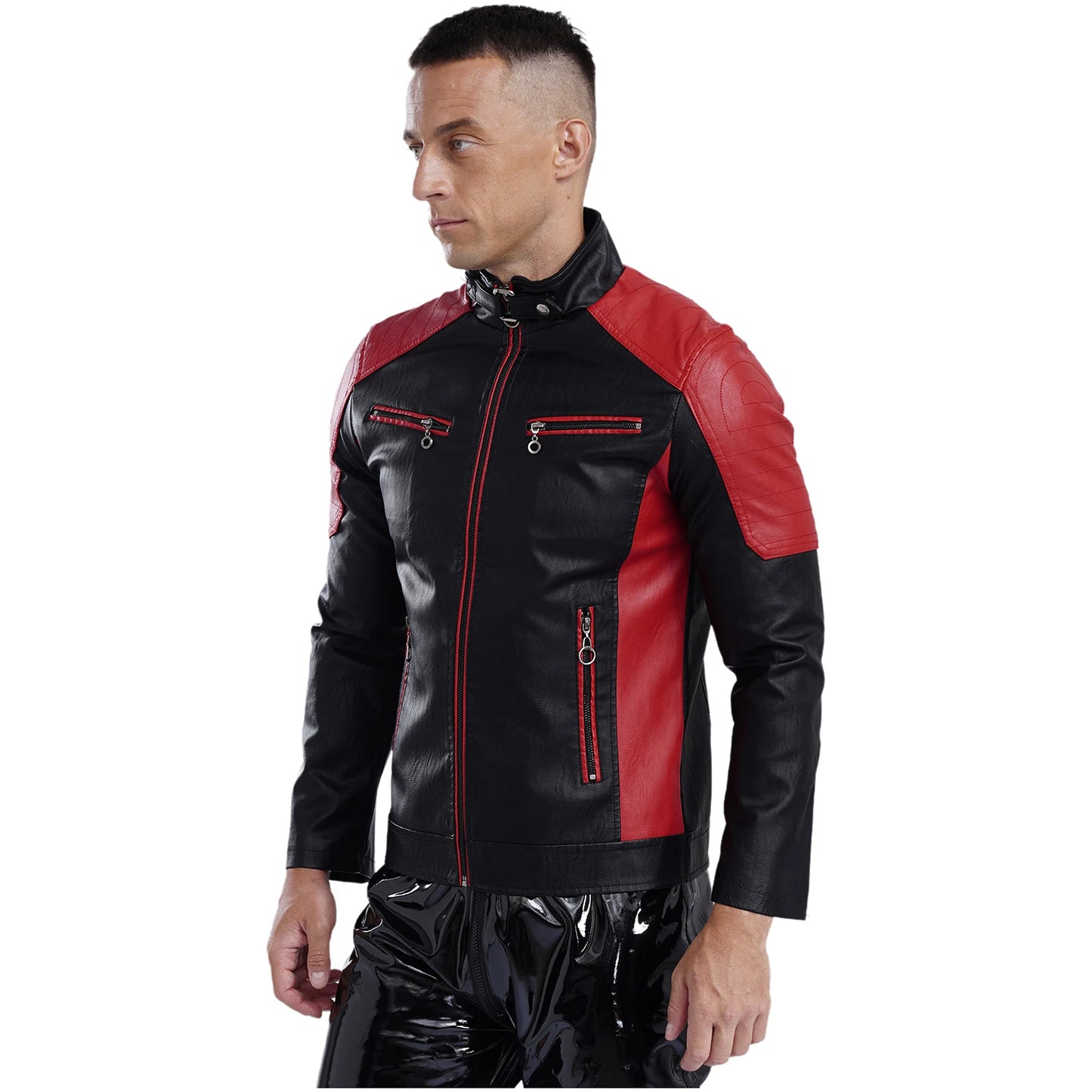 Mens Racing PU Leather Jackets Coat Long Sleeve Front Zipper Outerwear Windproof Motorcycle Biker Racer Bomber Jacket Streetwear