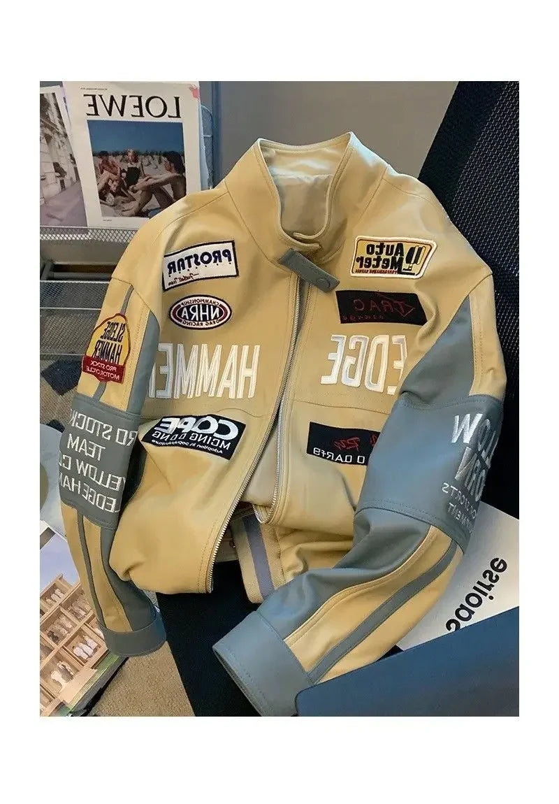 Motorcycle pu leather jacket coat baseball jacket pink american style women autumn and winter fried street high level clothes