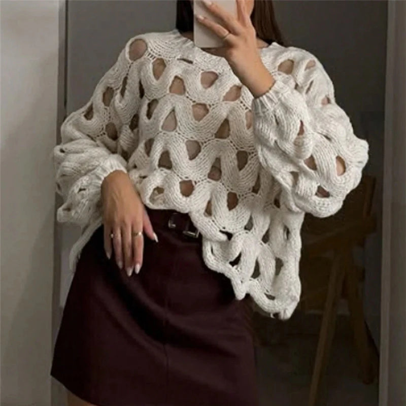 Sexy Hollow Out Long Sleeved Knitted Sweater Summer Beach O-neck Crochet Pullover Casual Solid Color Women's Loose Top Blouses