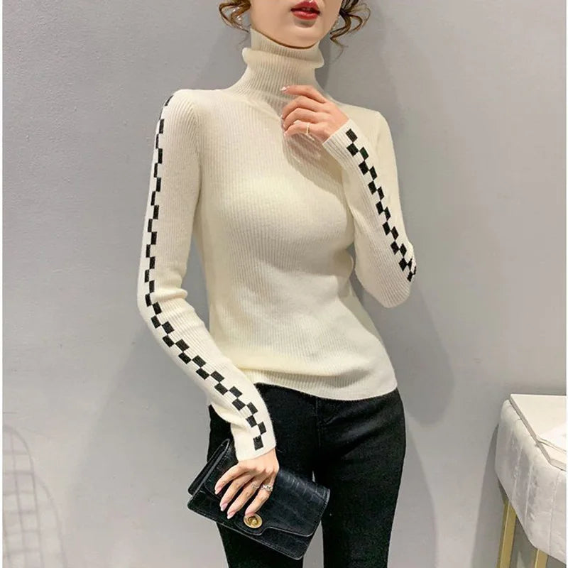 Pile Collar Plaid Bottoming Shirt Female New Autumn Winter Temperament All-match Sweater Interior Lapping Slim Turtleneck Tops