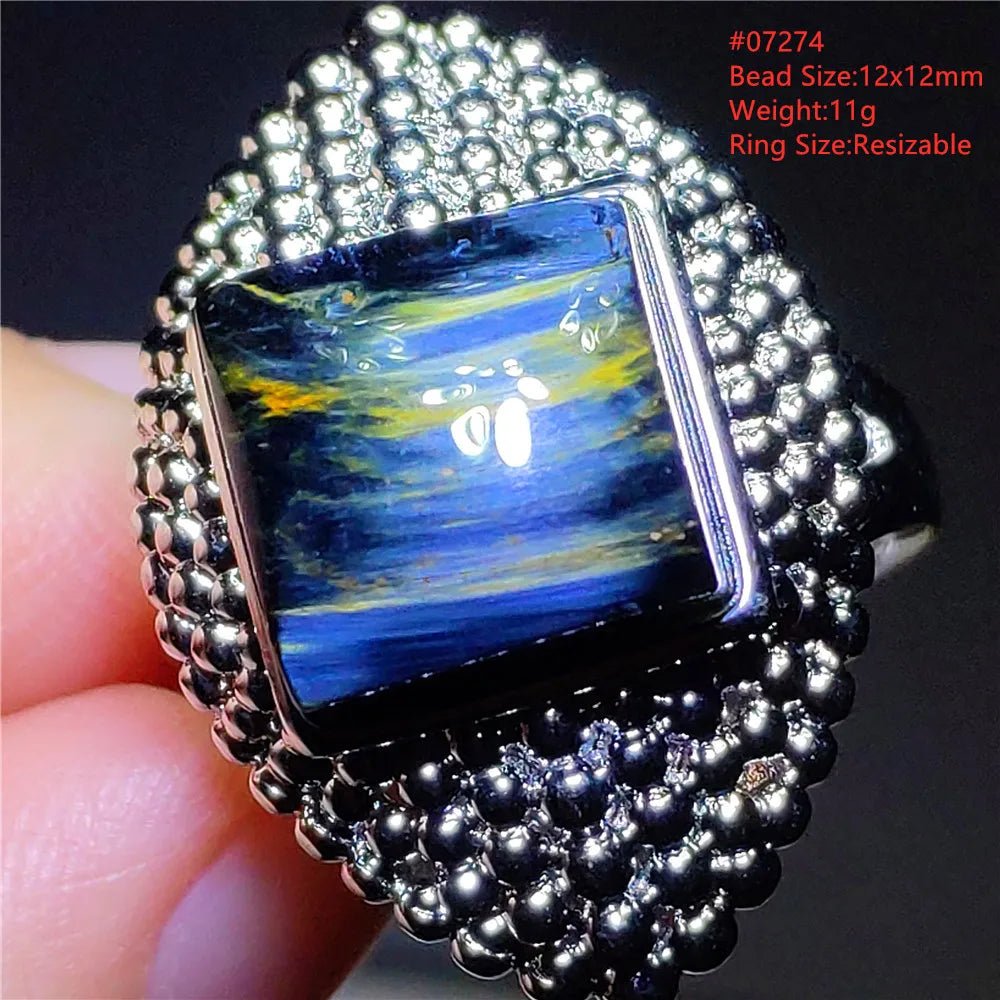 Natural Blue Pietersite Beads Adjustable Ring Woman Men Namibia Pietersite Ring Chatoyant Beads Fashion Silver Jewelry AAAAAA