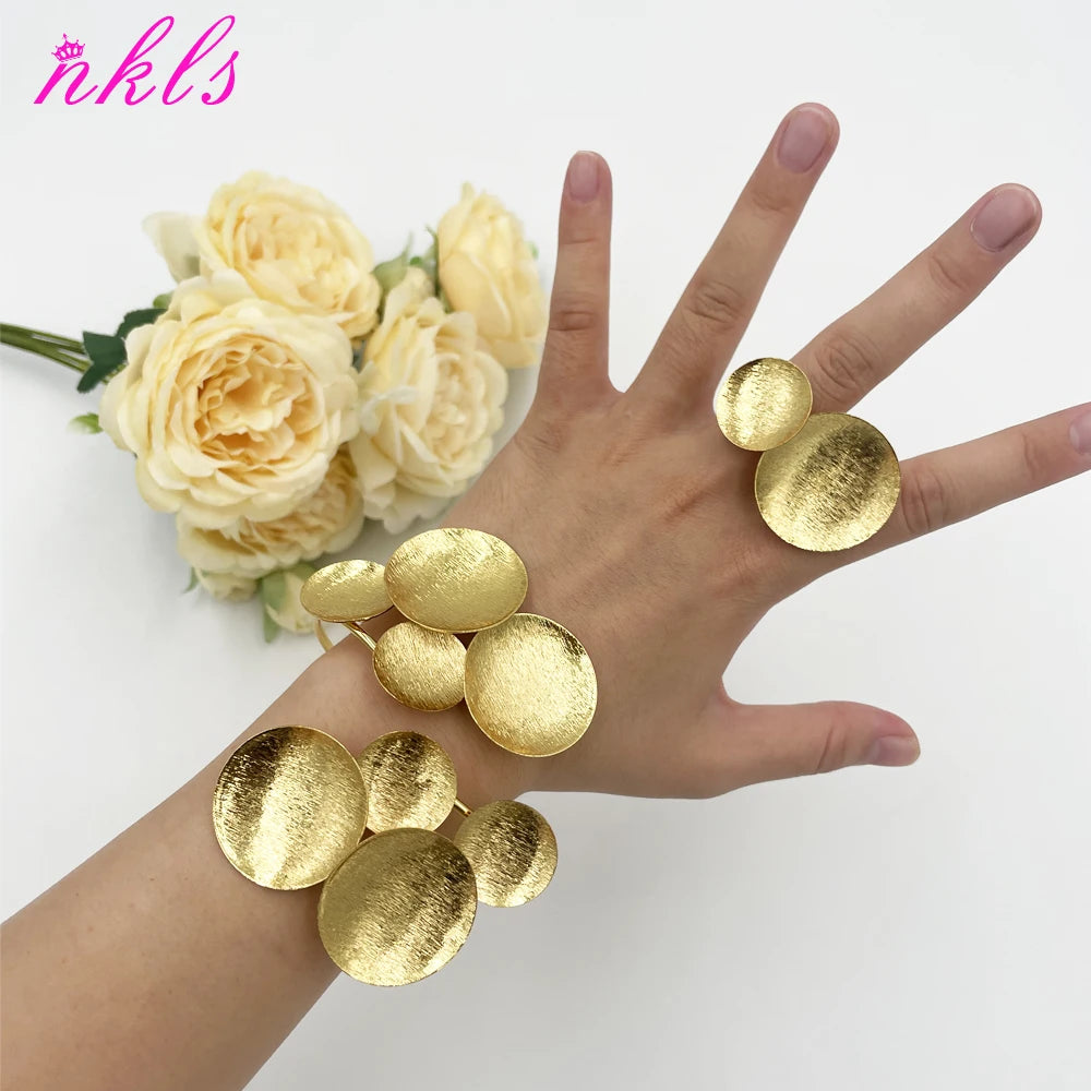 Arab Luxury Gold Plated Bracelet Ring Bold Design Copper Large Bangle Jewelry Set Women Fashion Christmas Gift Wedding Jewelry