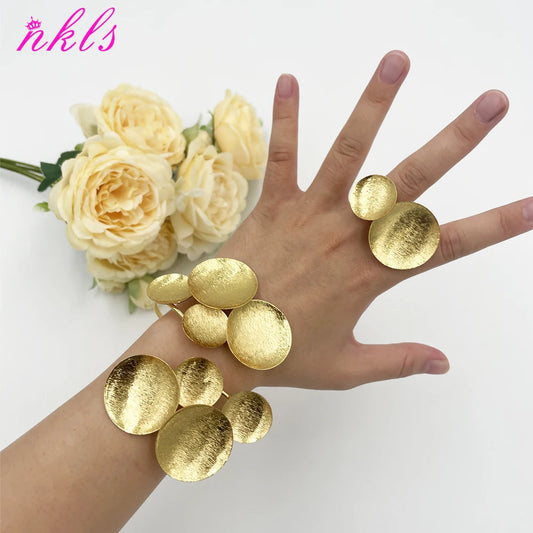 Arab Luxury Gold Plated Bracelet Ring Bold Design Copper Large Bangle Jewelry Set Women Fashion Christmas Gift Wedding Jewelry
