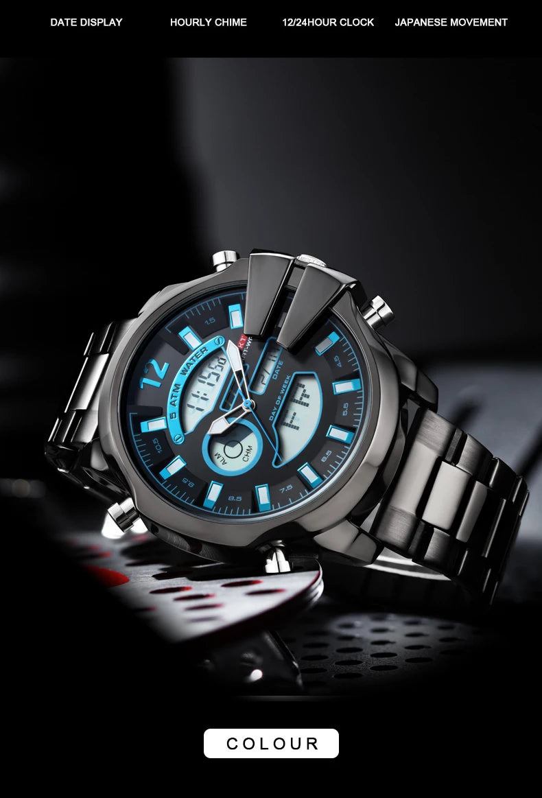 KAT-WACH double display men's watch multi-color steel strip watch led light alarm clock calendar week display