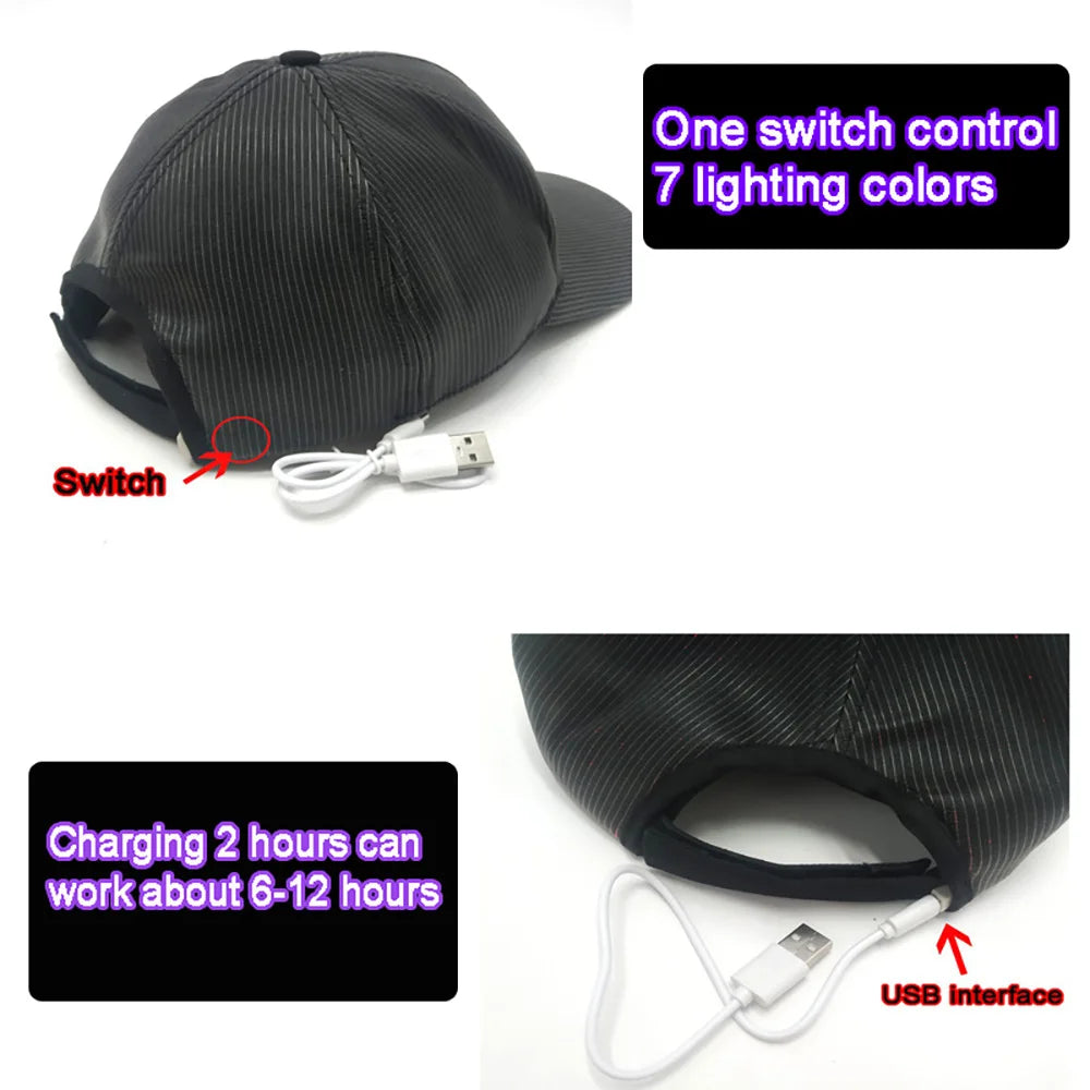 Fiber Optic Cap LED Hat with 7 Colors Luminous Glowing EDC Baseball Hats USB Charging Light Up Caps Performance Led Cap