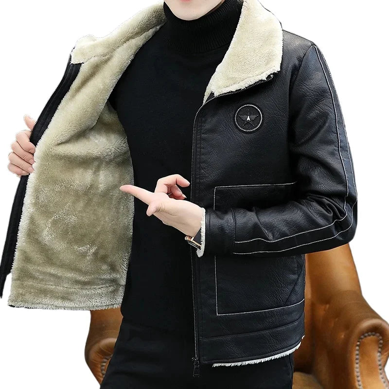 2026 Men's PU Leather Jacket Slim Fit Fur Collar Motorcycle Biker Jacket Warm Winter Coat for Men Windproof Zipper