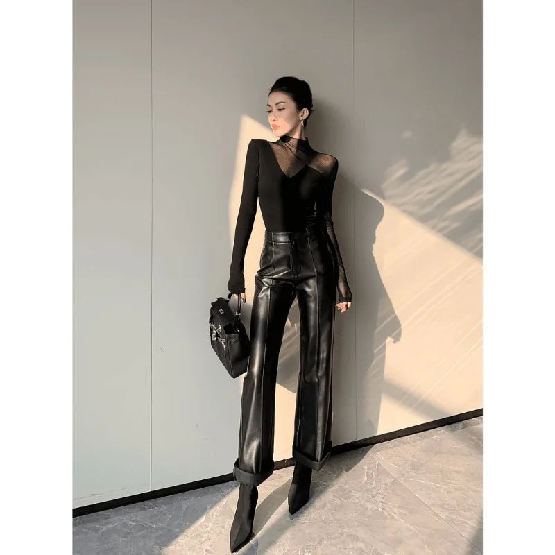 Women Korean Fashion Sexy See Through Mesh Patchwork Basic T-shirt Office Lady Black Elegant Long Sleeve Slim Tops Ropa De Mujer